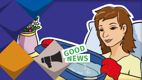 Rechts neben bunten Kacheln der KSL.NRW steht: Good News/Gute Nachrichten: KSL entdeckt: die tip-doc-pflege-App. Im Hintergrund ist ein Comic-Bild dieser App zu sehen, die im Krankenhausbett liegt. 