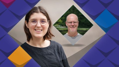 Bunte Kacheln als Stilelemente der KSL.NRW rahmen ein Foto von Mechthild Kreuser und Frank Kaulen ein. Drumherum sind bunte Stilelemente der KSL.NRW. Links daneben steht Fensterblick Extern. 