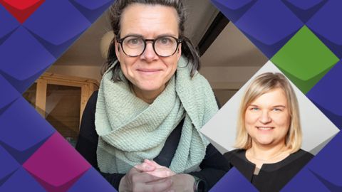 Bunte Kacheln als Stilelemente der KSL.NRW rahmen ein Foto von Magdalena Grzyb und Anna Cebulla ein. Drumherum sind bunte Stilelemente der KSL.NRW. Links daneben steht Fensterblick Extern