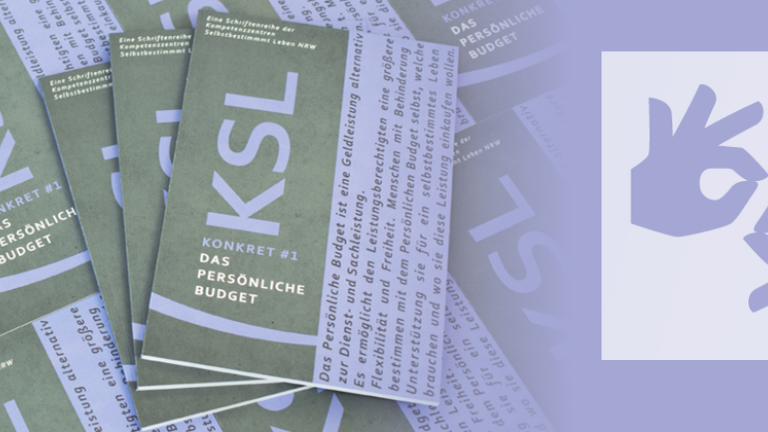 Mehrer Ausgaben der Broschüre KLS-Konkret #1 sind zu sehen und das Symbol für Gebärdensprache