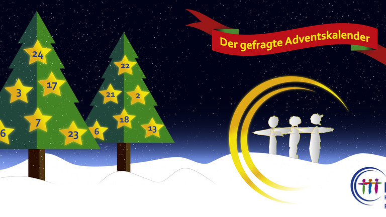 Der gefragte Adventskalaneder - KSL Münster - weihnachtlicher Hintergrund mit 3 Tannenbäumen mit 24 Sternen 