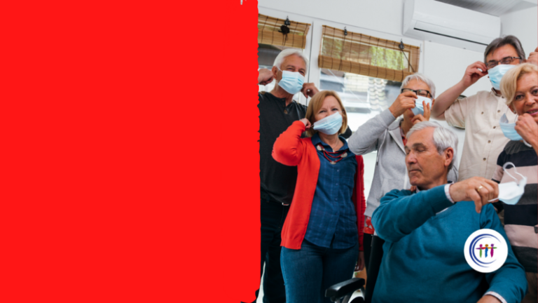 Zu sehen sind viele Menschen vor einem Haus. Ein Mensch sitzt im Rollstuhl. Er wird hier symbolisch für Menschen mit Behinderungen gezeigt. Einige Menschen tragen einen Mund- und Nasenschutz. Einige ziehen in sich weg vom Gesicht. Auf dem Foto steht: Good News/KSL entdeckt: Abschlussbericht von DVfR und BMAS „Aus der Pandemie lernen“. Unten links steht das KSL.NRW-Logo.