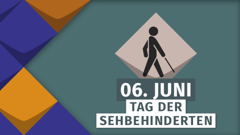 Eingebettet in die bunten Kacheln des KSL.NRW steht eine gelbe Kachel. Darauf ist ein Mensch mit Blindenstock zu erkennen. Darunter steht der Hinweis zum 6. Juni - der Tag der Sehbehinderten