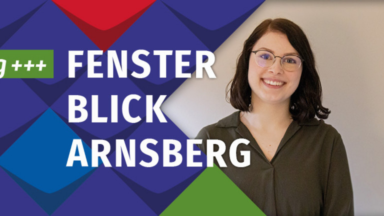 Neu im Blog steht auf bunten Kacheln der KSL.NRW/Portraitfoto von Gina Schmit/Fensterblick KSL.Arnsberg