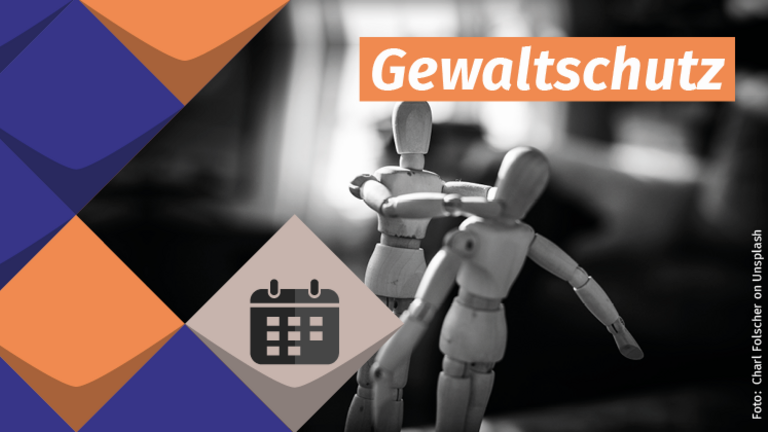 Kacheln der KSL.NRW und ein Bild von zwei Holzfiguren im Streit. in Vordergrund ein Symbol eines Kalenders und das Wort "Gewaltschutz"