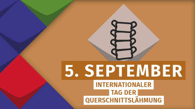 Auf einer cognac-farbigen Kachel steht: 5. September/Internationaler Tag der Querschnittslähmung. Diese Farbe des KSL.Düsseldorf ist in bunte Kacheln der KSL.NRW eingebettet.