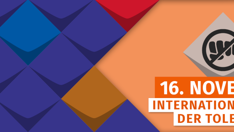 Der 16. Oktober ist der Internationale Tag der Toleranz. Das Datum steht auf orange-farbiger Kachel - Symbol der KSL.NRW