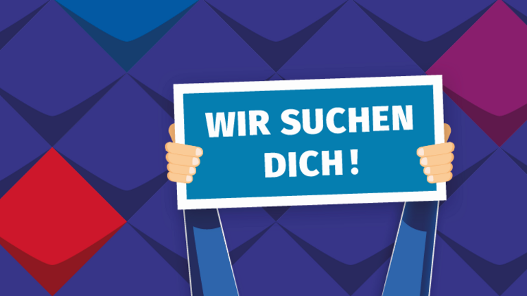 Grafik von zwei Händen die ein Schild mit der Aufschrift "Wir suchen Dich" trägt