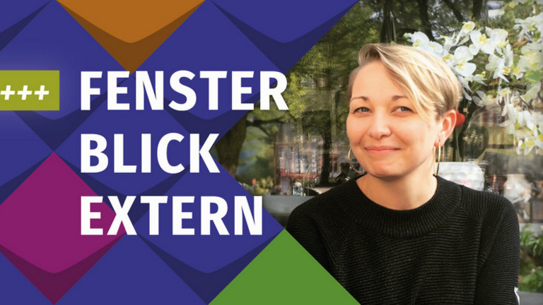 Ein Foto von Friederike Kreuzwieser eingebettet in bunte Kacheln der KSL.NRW / links daneben steht Fensterblick Extern/ links daneeben steht +++neu im Blog+++