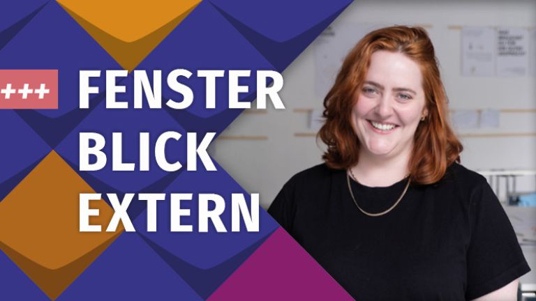 Bunte Kacheln als Stilelemente der KSL.NRW rahmen ein Foto von Ann-Kathrin Hickert vom Theater Münster ein - eine lächelnde junge Frau mit rötlich-braunen langen Haaren 