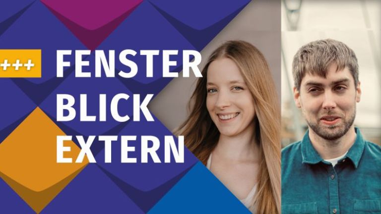 Stilelemente der KSL.NRW mit Fotos von Cindy Kling, eine junge lächelnde Frau mit langem Haar und David Knors, ein junger Mann mit dunkelblondem Haar, Dreitage-Bart und grünem Pullover. 