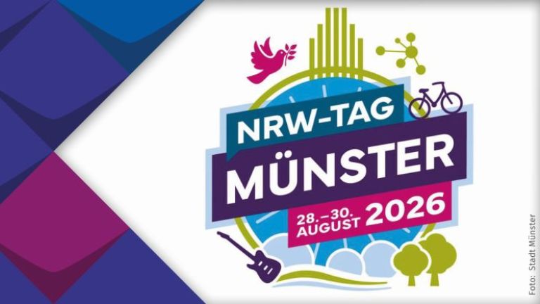 Eine bunte Grafik, die auf den NRW-Tag in Münster vom 28. bis 30. 8.2026 hinweist. Drumherum sind bunte Stilelemente der KSL.NRW: bunte Kacheln 